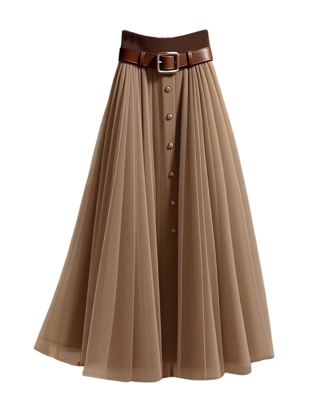 Pleated Mesh Maxi Skirt High Waist A-Line Flowy Bohemian Business Casual